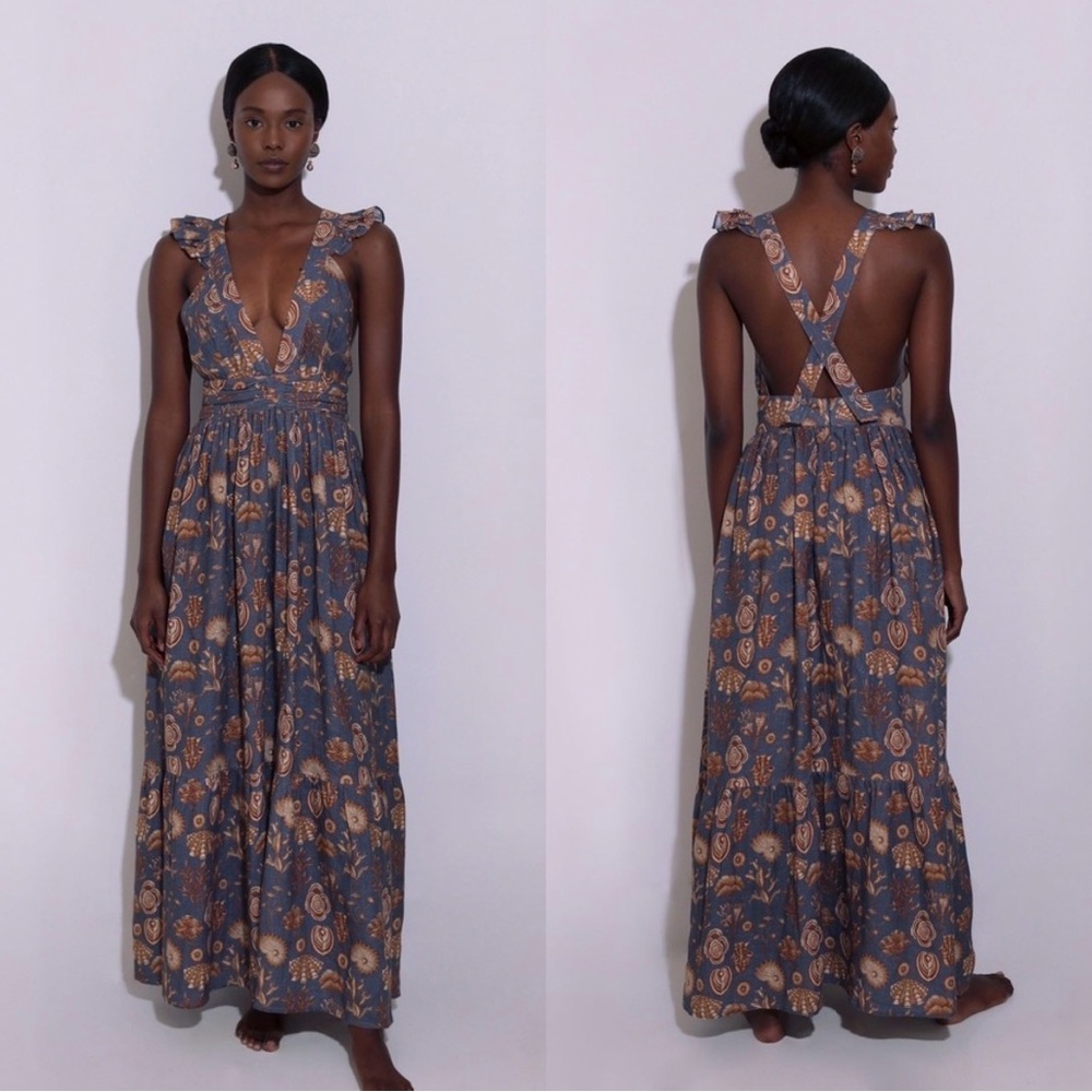 CAROLINA K Penelope Flutter Sleeve Maxi Dress Grey Linen Sea Beach Print - Picture 2 of 10